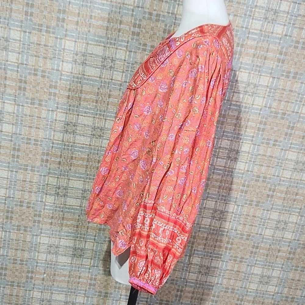 Lucky Brand Boho Peasant Top Orange Floral Embroidered Lace-Up Tassel Blouse